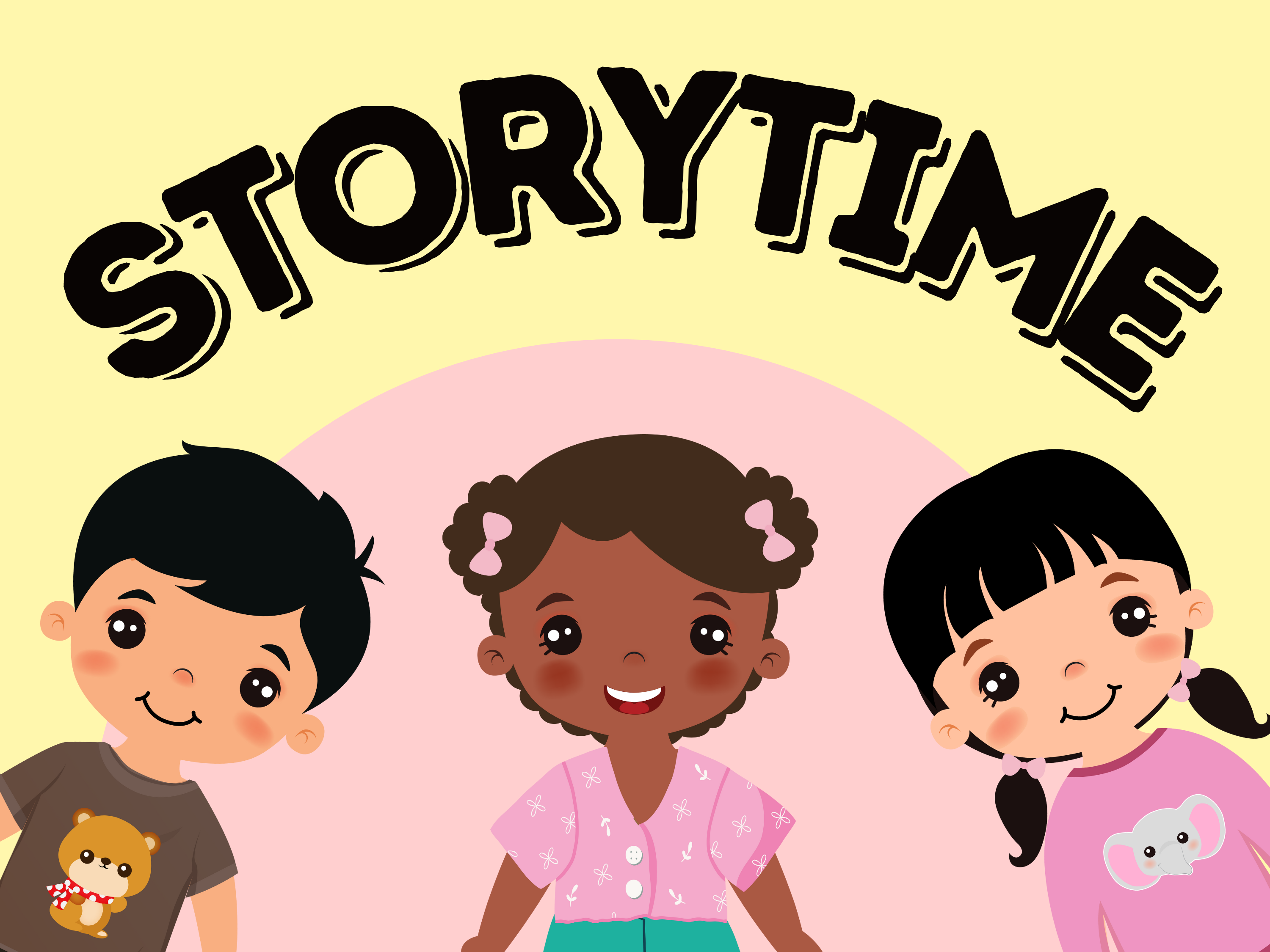 Storytime graphic with 3 cartoon children