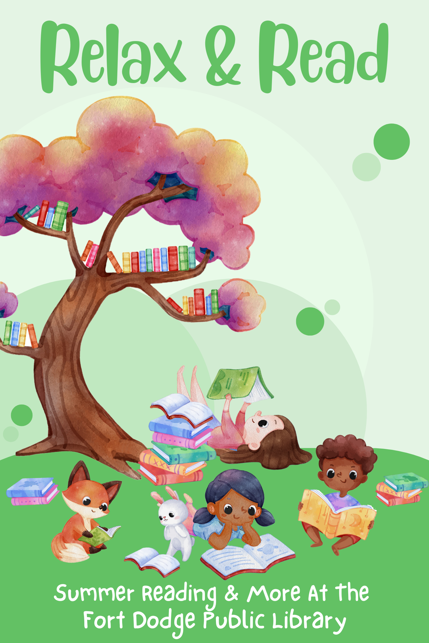 Children reading under colorful tree with books