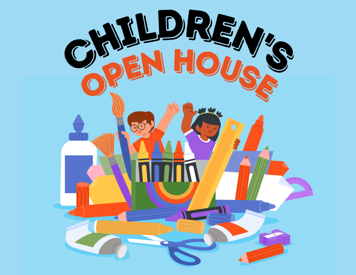 "Children's Open House" graphic with illustrated scene of children playing with paint and glue