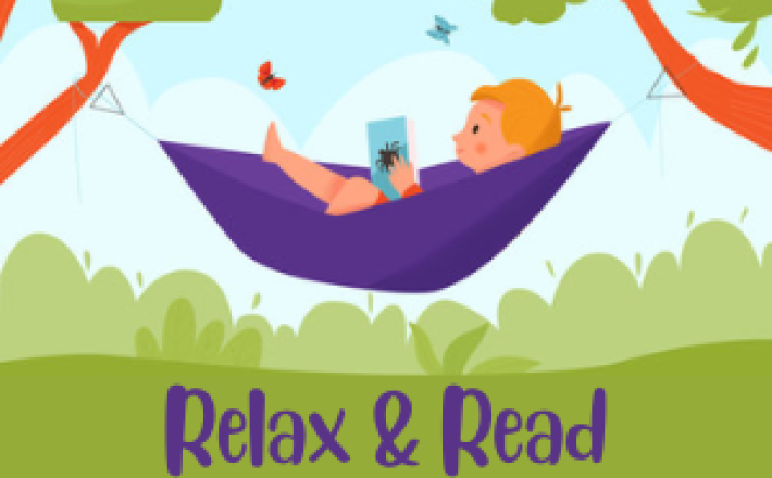 Young boy reading in a hammock with the text Relax & Read